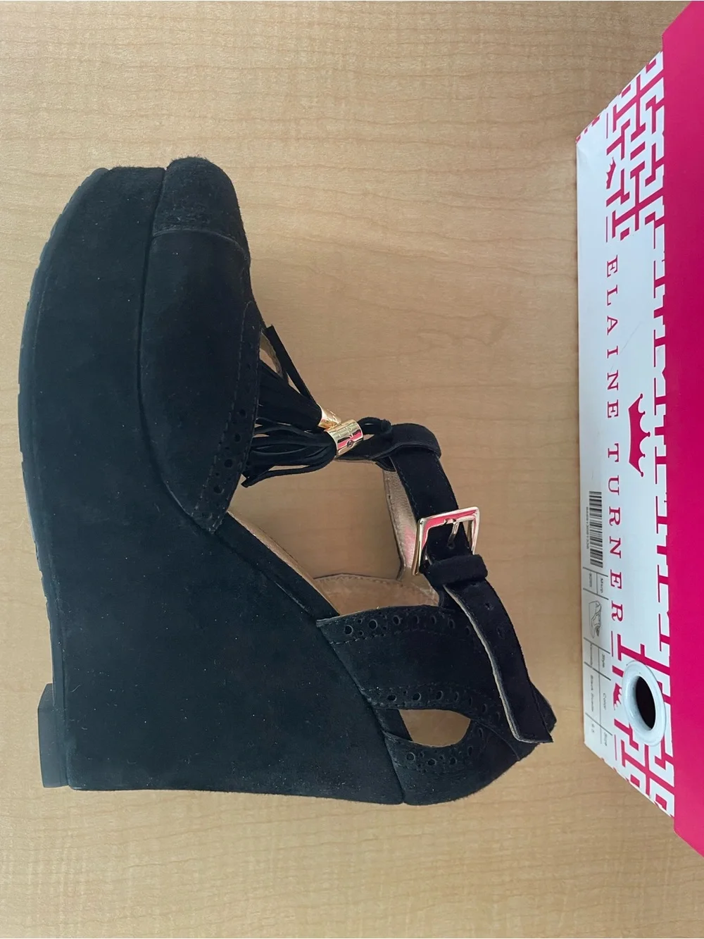 Elaine Turner Black Suede Tassel Wedge Sandals